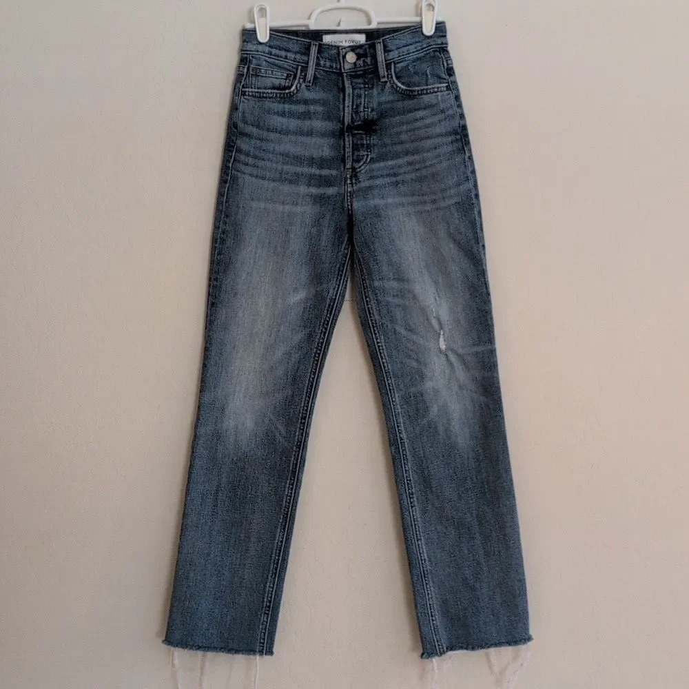 Denim Forum Arlo High Rise Straight Blue Raw Hem Button Fly Jeans Organic - 24